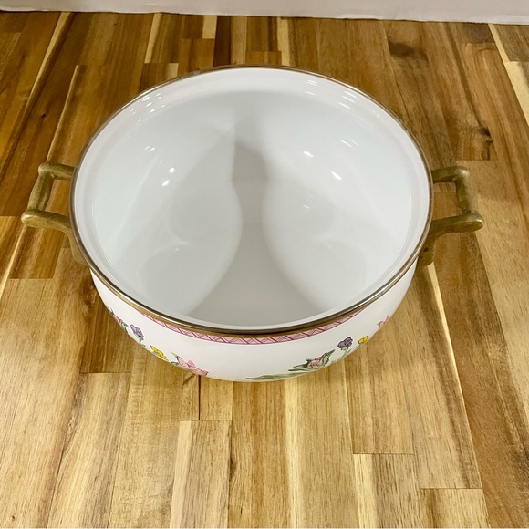 Tabletops Unlimited Vintage Enamel Pot Gold Trim Knob Handles Flower Design Dar - Picture 7 of 9